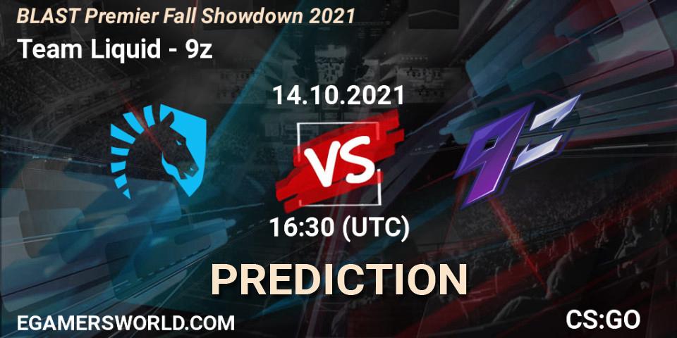 Team Liquid проти 9z: Поради щодо ставок, прогнози на матчі. 14.10.2021 at 16:20. Counter-Strike (CS2), BLAST Premier Fall Showdown 2021