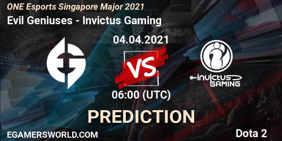 Evil Geniuses проти Invictus Gaming: Поради щодо ставок, прогнози на матчі. 04.04.2021 at 06:46. Dota 2, ONE Esports Singapore Major 2021
