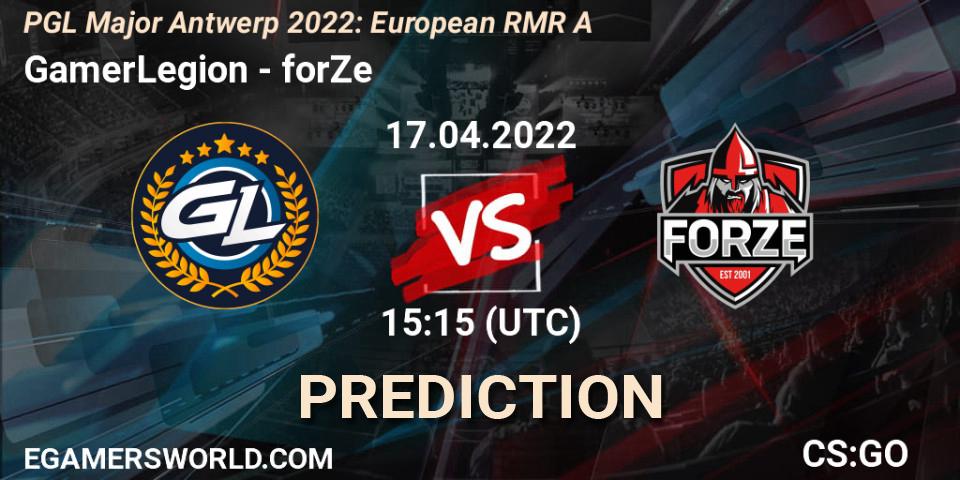 GamerLegion проти forZe: Поради щодо ставок, прогнози на матчі. 17.04.2022 at 16:35. Counter-Strike (CS2), PGL Major Antwerp 2022: European RMR A
