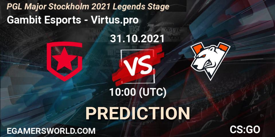 Gambit Esports проти Virtus.pro: Поради щодо ставок, прогнози на матчі. 31.10.2021 at 10:05. Counter-Strike (CS2), PGL Major Stockholm 2021 Legends Stage