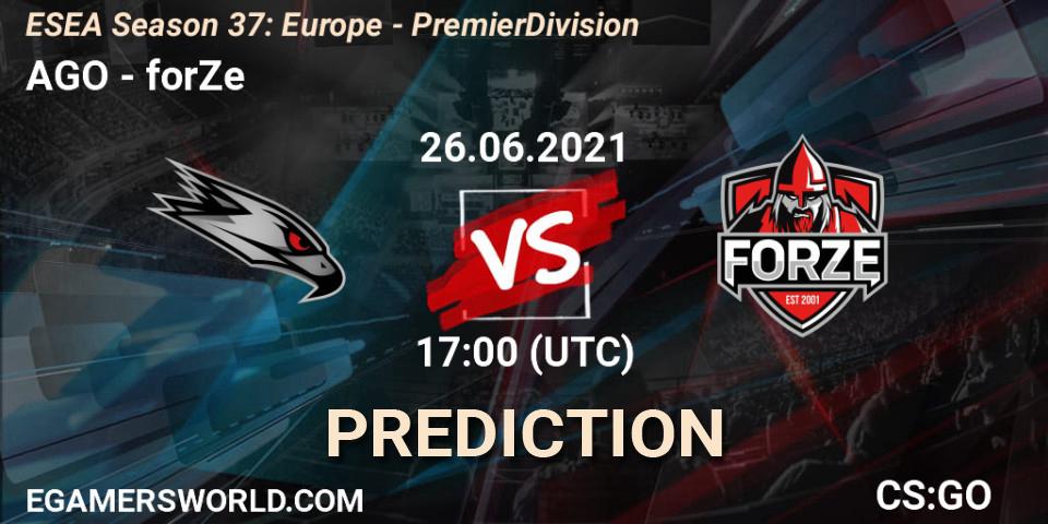 AGO проти forZe: Поради щодо ставок, прогнози на матчі. 26.06.2021 at 17:00. Counter-Strike (CS2), ESEA Season 37: Europe - Premier Division