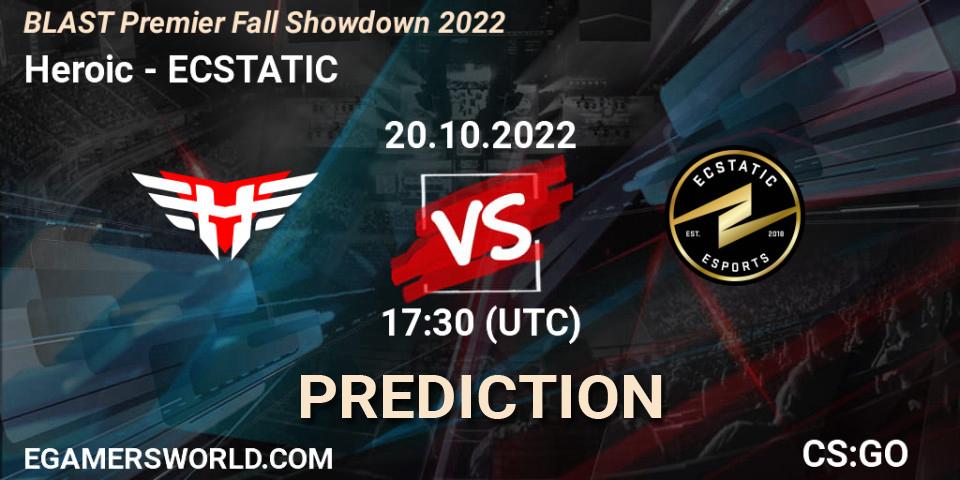 Heroic проти ECSTATIC: Поради щодо ставок, прогнози на матчі. 20.10.2022 at 18:40. Counter-Strike (CS2), BLAST Premier Fall Showdown 2022 Europe