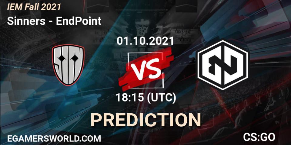 Sinners проти EndPoint: Поради щодо ставок, прогнози на матчі. 01.10.2021 at 18:15. Counter-Strike (CS2), IEM Fall 2021: Europe RMR