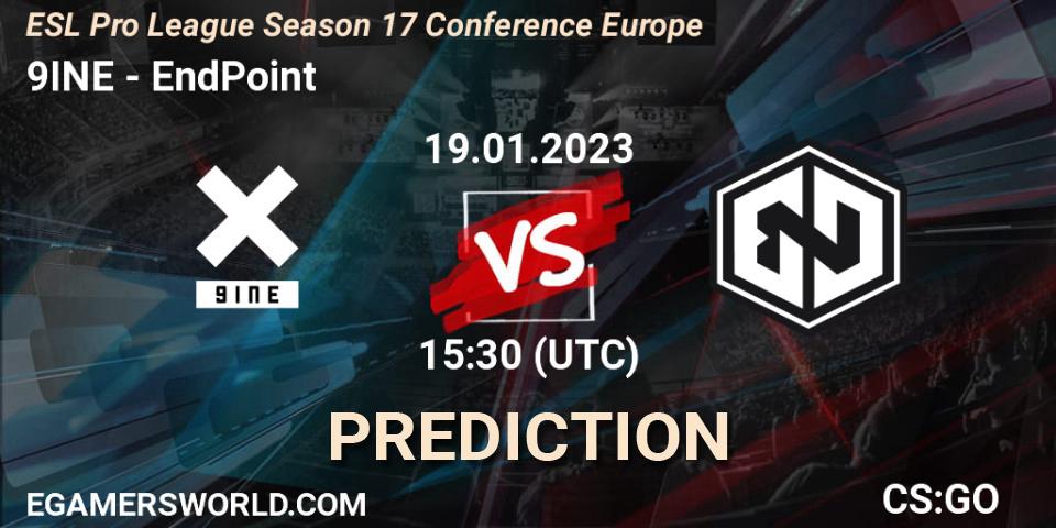 9INE проти EndPoint: Поради щодо ставок, прогнози на матчі. 19.01.2023 at 15:30. Counter-Strike (CS2), ESL Pro League Season 17 Conference Europe