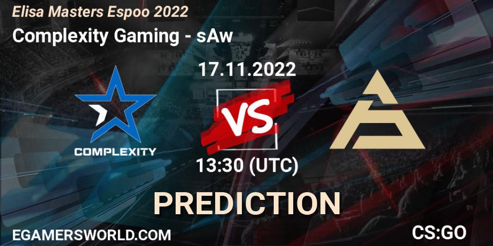 Complexity Gaming проти sAw: Поради щодо ставок, прогнози на матчі. 17.11.2022 at 13:30. Counter-Strike (CS2), Elisa Masters Espoo 2022