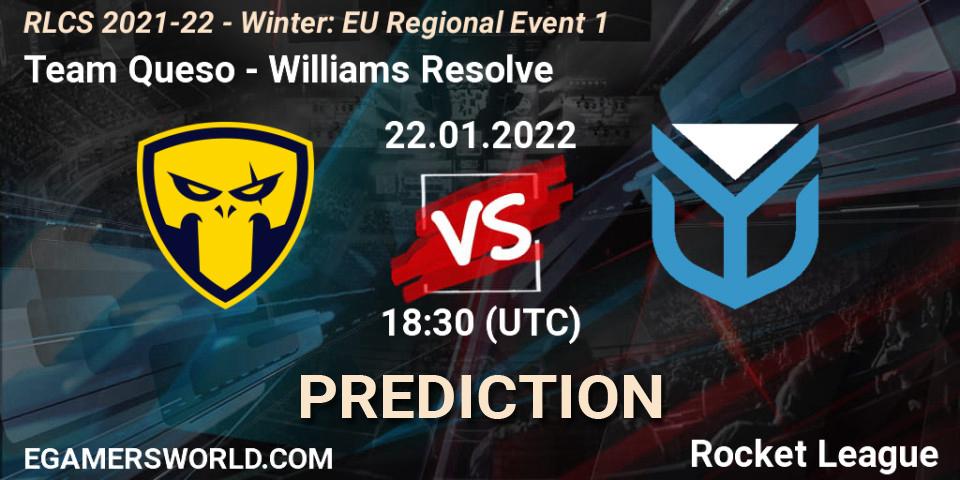 Team Queso проти Williams Resolve: Поради щодо ставок, прогнози на матчі. 22.01.2022 at 17:20. Rocket League, RLCS 2021-22 - Winter: EU Regional Event 1