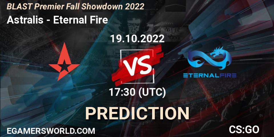 Astralis проти Eternal Fire: Поради щодо ставок, прогнози на матчі. 19.10.2022 at 17:15. Counter-Strike (CS2), BLAST Premier Fall Showdown 2022 Europe