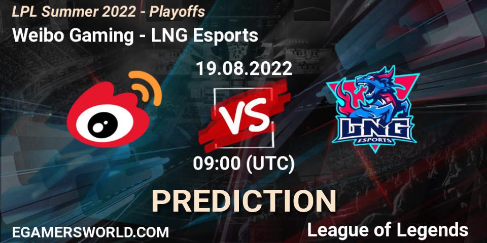 Weibo Gaming проти LNG Esports: Поради щодо ставок, прогнози на матчі. 19.08.2022 at 09:00. LoL, LPL Summer 2022 - Playoffs