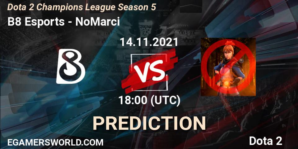B8 Esports проти NoMarci: Поради щодо ставок, прогнози на матчі. 14.11.2021 at 18:00. Dota 2, Dota 2 Champions League 2021 Season 5