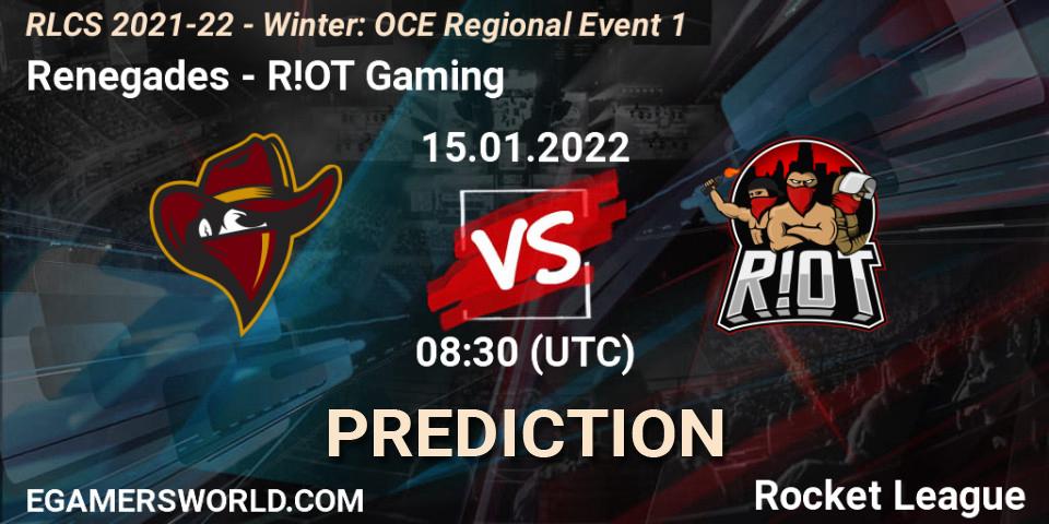 Renegades проти R!OT Gaming: Поради щодо ставок, прогнози на матчі. 15.01.2022 at 09:00. Rocket League, RLCS 2021-22 - Winter: OCE Regional Event 1