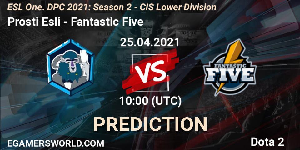 Prosti Esli проти Fantastic Five: Поради щодо ставок, прогнози на матчі. 25.04.2021 at 09:55. Dota 2, ESL One. DPC 2021: Season 2 - CIS Lower Division