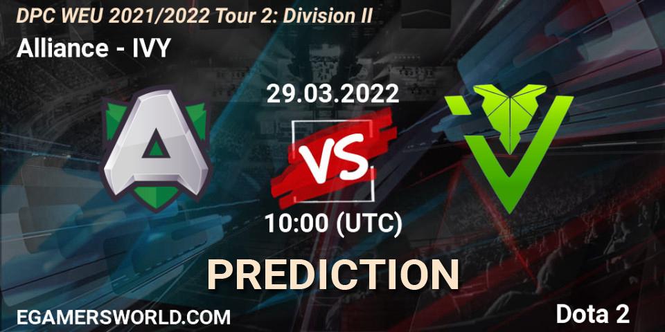 Alliance проти IVY: Поради щодо ставок, прогнози на матчі. 29.03.2022 at 09:55. Dota 2, DPC 2021/2022 Tour 2: WEU Division II (Lower) - DreamLeague Season 17