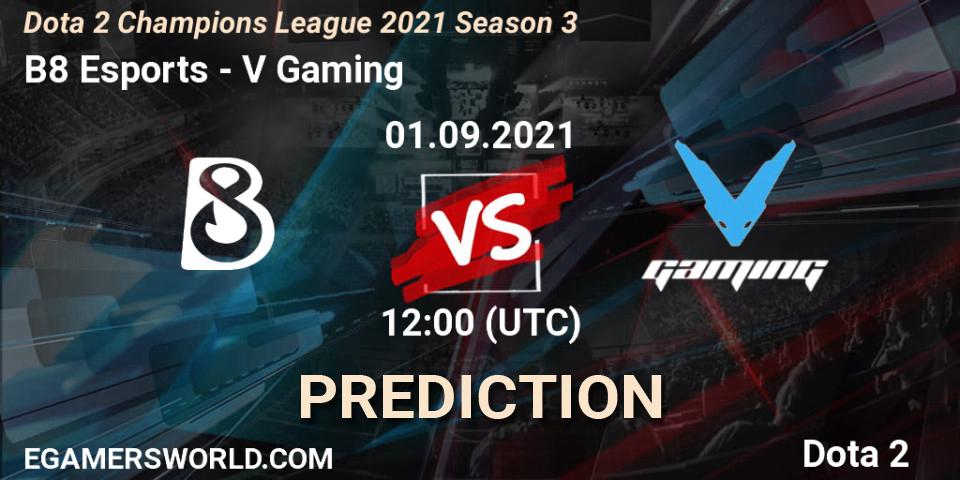 B8 Esports проти V Gaming: Поради щодо ставок, прогнози на матчі. 01.09.2021 at 12:02. Dota 2, Dota 2 Champions League 2021 Season 3