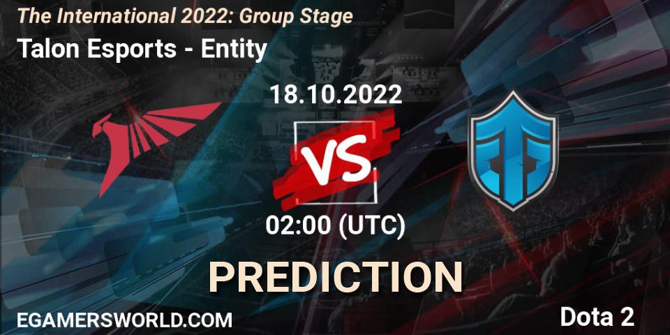 Talon Esports проти Entity: Поради щодо ставок, прогнози на матчі. 18.10.2022 at 02:01. Dota 2, The International 2022: Group Stage