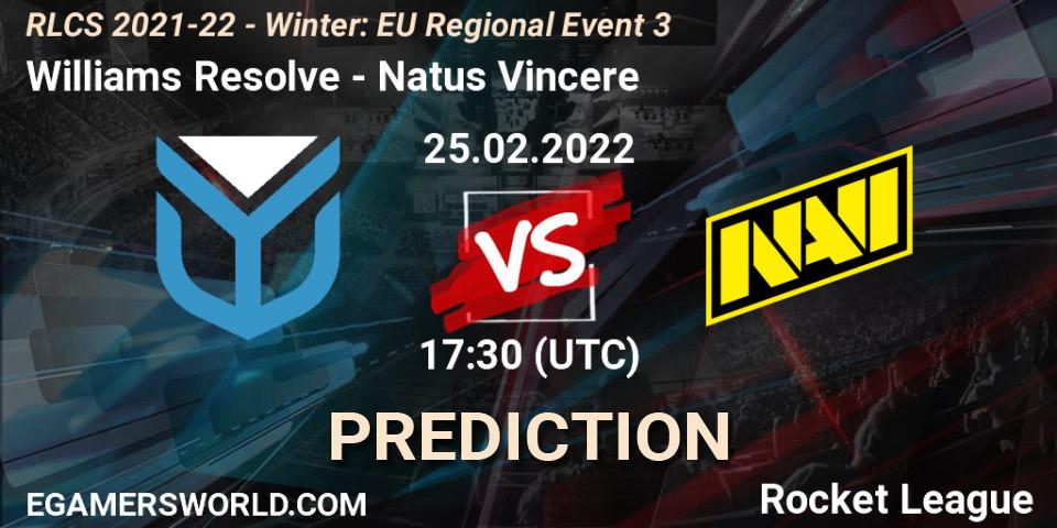 Williams Resolve проти Natus Vincere: Поради щодо ставок, прогнози на матчі. 25.02.2022 at 17:30. Rocket League, RLCS 2021-22 - Winter: EU Regional Event 3
