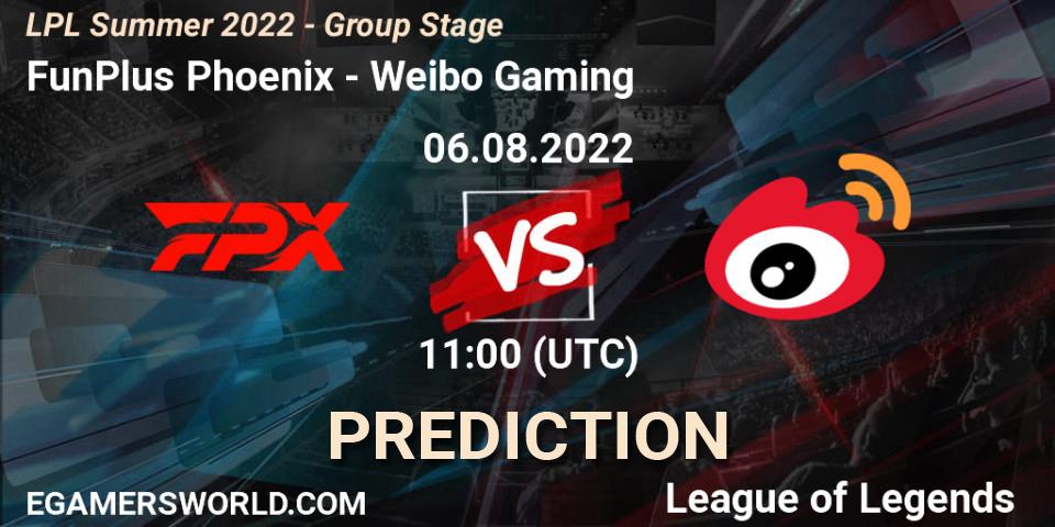 FunPlus Phoenix проти Weibo Gaming: Поради щодо ставок, прогнози на матчі. 06.08.2022 at 12:00. LoL, LPL Summer 2022 - Group Stage