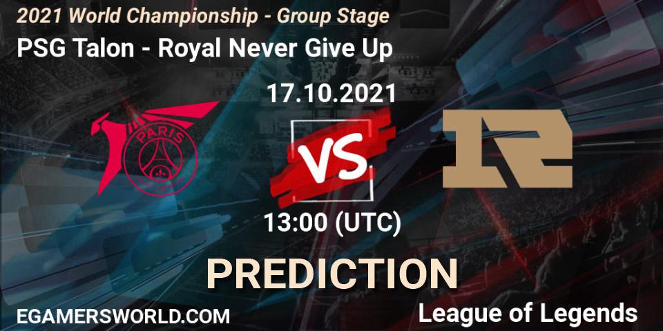 PSG Talon проти Royal Never Give Up: Поради щодо ставок, прогнози на матчі. 17.10.2021 at 13:05. LoL, 2021 World Championship - Group Stage