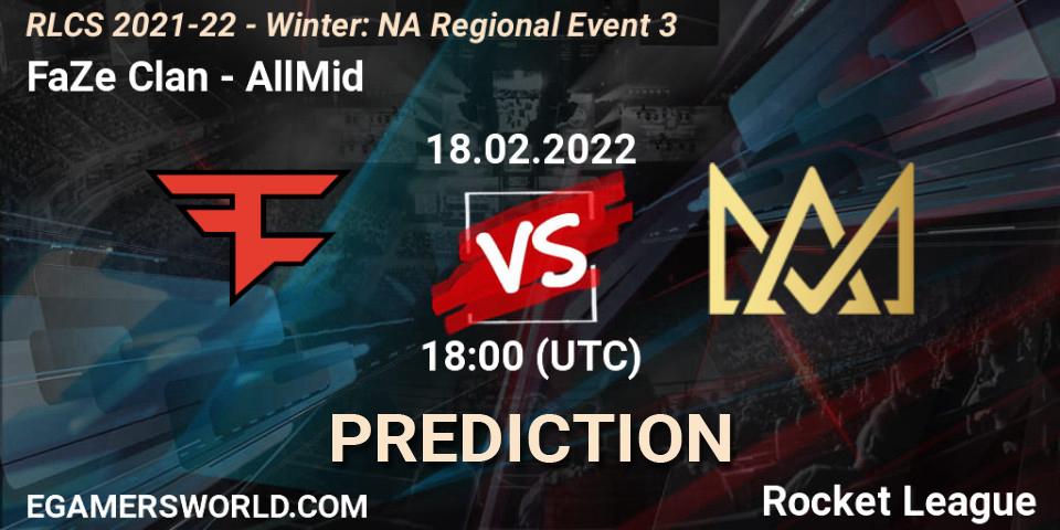 FaZe Clan проти AllMid: Поради щодо ставок, прогнози на матчі. 18.02.2022 at 18:00. Rocket League, RLCS 2021-22 - Winter: NA Regional Event 3