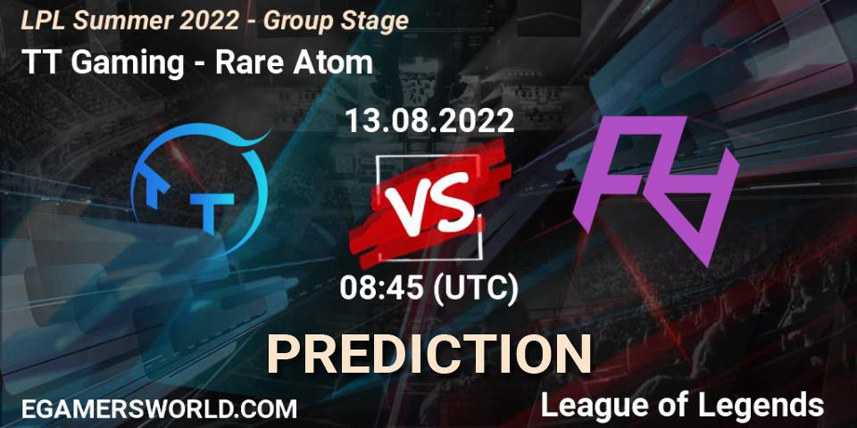 TT Gaming проти Rare Atom: Поради щодо ставок, прогнози на матчі. 13.08.2022 at 09:00. LoL, LPL Summer 2022 - Group Stage