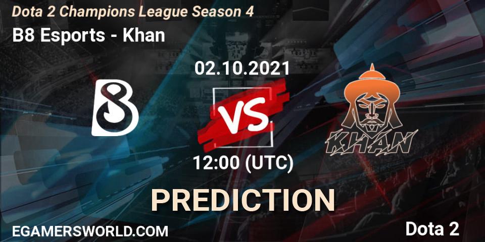 B8 Esports проти Khan: Поради щодо ставок, прогнози на матчі. 02.10.2021 at 12:15. Dota 2, Dota 2 Champions League Season 4