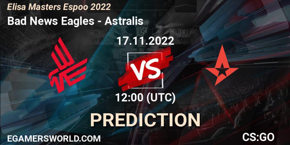 Bad News Eagles проти Astralis: Поради щодо ставок, прогнози на матчі. 17.11.2022 at 12:20. Counter-Strike (CS2), Elisa Masters Espoo 2022
