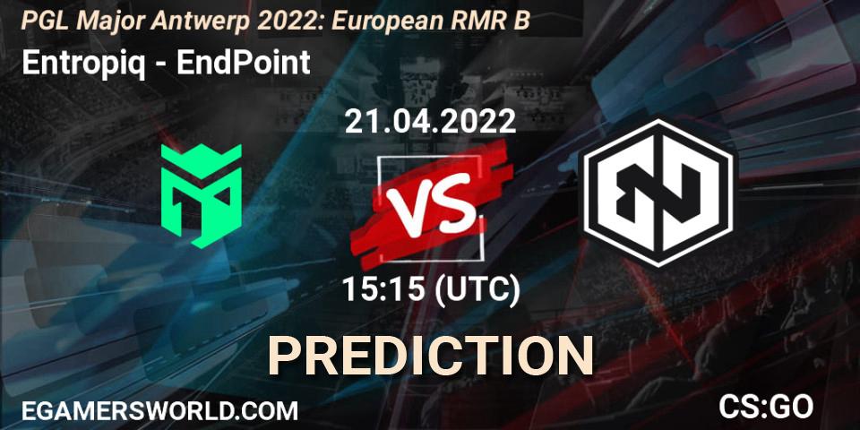 Entropiq проти EndPoint: Поради щодо ставок, прогнози на матчі. 21.04.2022 at 15:40. Counter-Strike (CS2), PGL Major Antwerp 2022: European RMR B