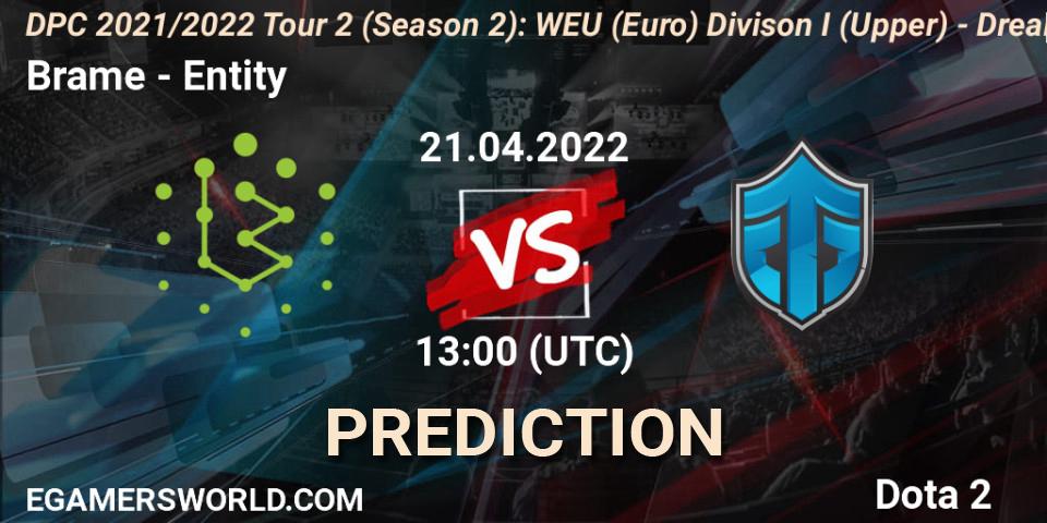 Brame проти Entity: Поради щодо ставок, прогнози на матчі. 21.04.2022 at 12:55. Dota 2, DPC 2021/2022 Tour 2 (Season 2): WEU (Euro) Divison I (Upper) - DreamLeague Season 17