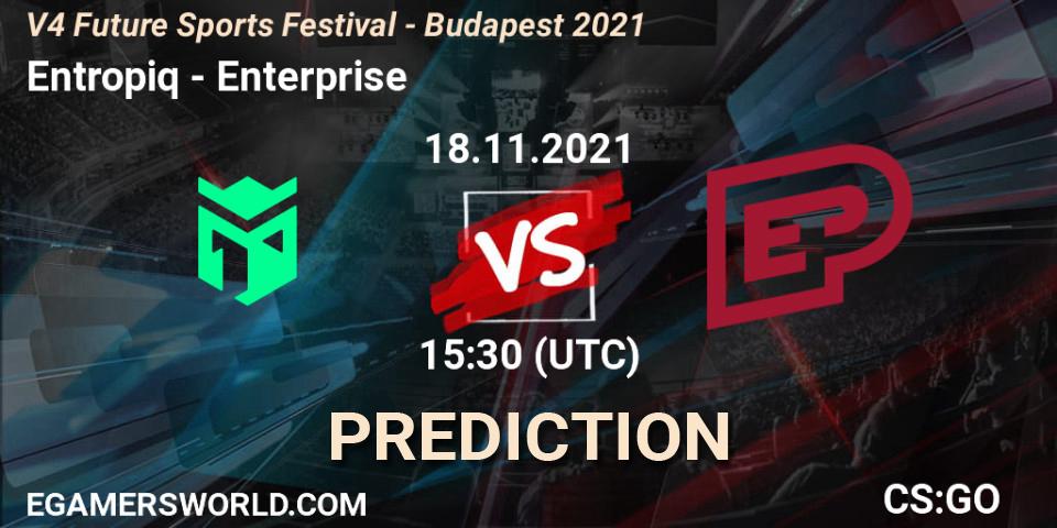 Entropiq проти Enterprise: Поради щодо ставок, прогнози на матчі. 18.11.2021 at 15:30. Counter-Strike (CS2), V4 Future Sports Festival - Budapest 2021