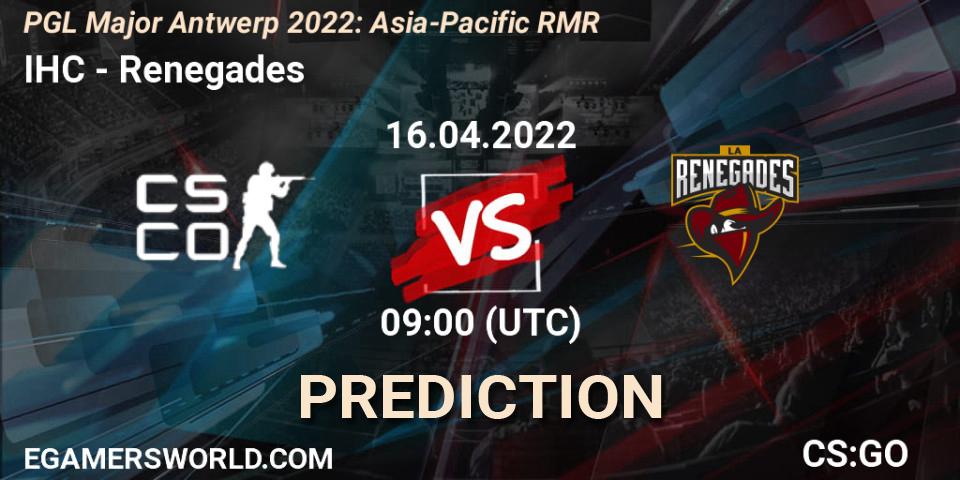 IHC проти Renegades: Поради щодо ставок, прогнози на матчі. 16.04.2022 at 09:00. Counter-Strike (CS2), PGL Major Antwerp 2022: Asia-Pacific RMR
