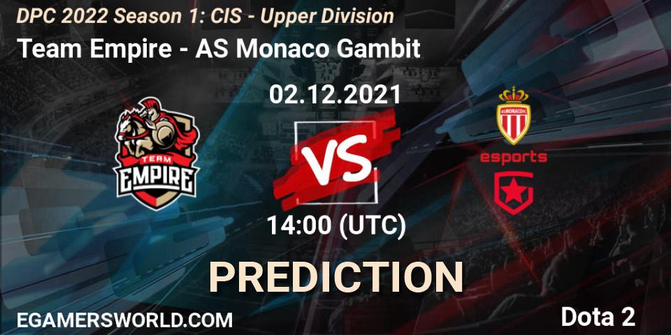 Team Empire проти AS Monaco Gambit: Поради щодо ставок, прогнози на матчі. 02.12.2021 at 14:25. Dota 2, DPC 2022 Season 1: CIS - Upper Division