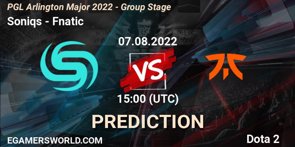 Soniqs проти Fnatic: Поради щодо ставок, прогнози на матчі. 07.08.2022 at 15:00. Dota 2, PGL Arlington Major 2022 - Group Stage