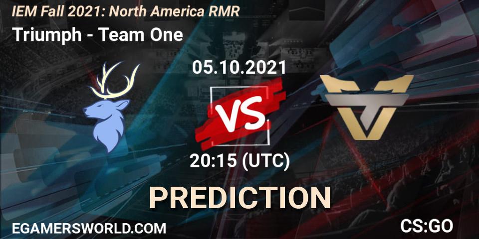 Triumph проти Team One: Поради щодо ставок, прогнози на матчі. 05.10.2021 at 20:45. Counter-Strike (CS2), IEM Fall 2021: North America RMR