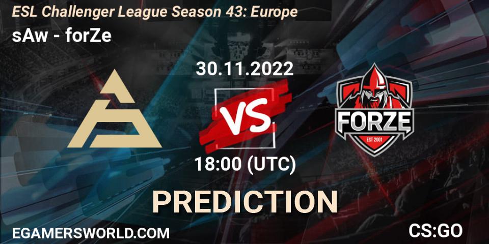 sAw проти forZe: Поради щодо ставок, прогнози на матчі. 30.11.2022 at 18:00. Counter-Strike (CS2), ESL Challenger League Season 43: Europe