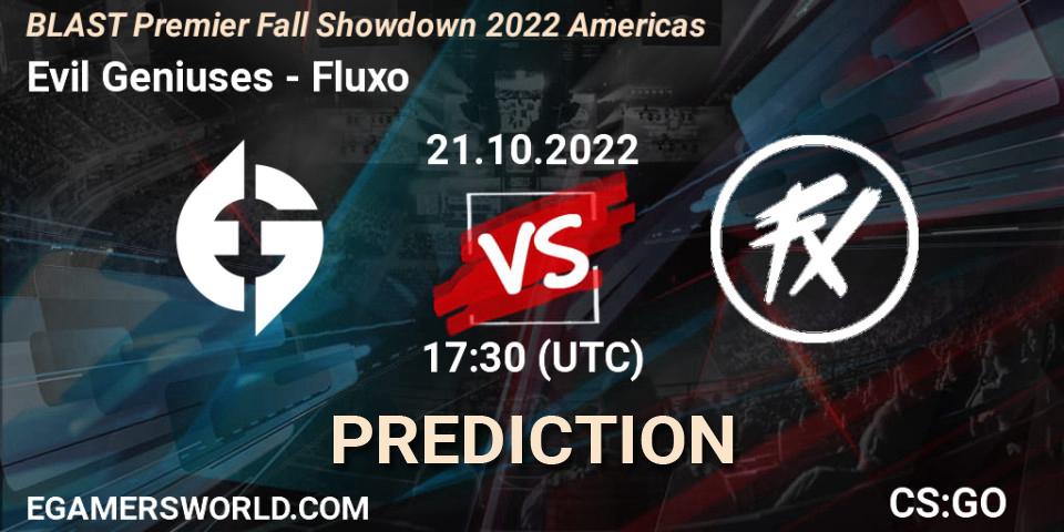 Evil Geniuses проти Fluxo: Поради щодо ставок, прогнози на матчі. 21.10.2022 at 18:20. Counter-Strike (CS2), BLAST Premier Fall Showdown 2022 Americas