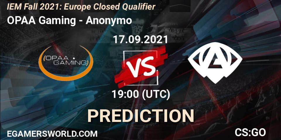 OPAA Gaming проти Anonymo: Поради щодо ставок, прогнози на матчі. 17.09.2021 at 19:00. Counter-Strike (CS2), IEM Fall 2021: Europe Closed Qualifier