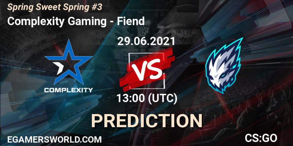 Complexity Gaming проти Fiend: Поради щодо ставок, прогнози на матчі. 29.06.2021 at 13:00. Counter-Strike (CS2), Spring Sweet Spring #3