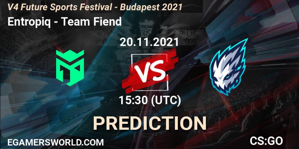 Entropiq проти Team Fiend: Поради щодо ставок, прогнози на матчі. 20.11.2021 at 15:30. Counter-Strike (CS2), V4 Future Sports Festival - Budapest 2021