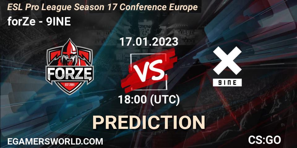 forZe проти 9INE: Поради щодо ставок, прогнози на матчі. 17.01.2023 at 18:30. Counter-Strike (CS2), ESL Pro League Season 17 Conference Europe
