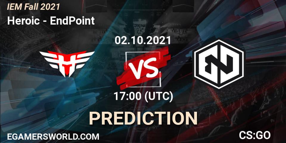 Heroic проти EndPoint: Поради щодо ставок, прогнози на матчі. 02.10.2021 at 17:00. Counter-Strike (CS2), IEM Fall 2021: Europe RMR
