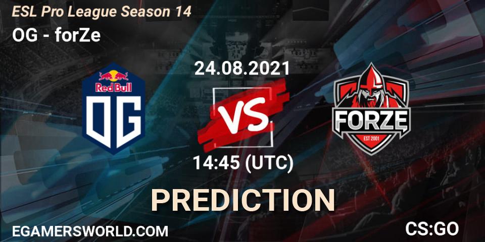 OG проти forZe: Поради щодо ставок, прогнози на матчі. 24.08.2021 at 14:45. Counter-Strike (CS2), ESL Pro League Season 14