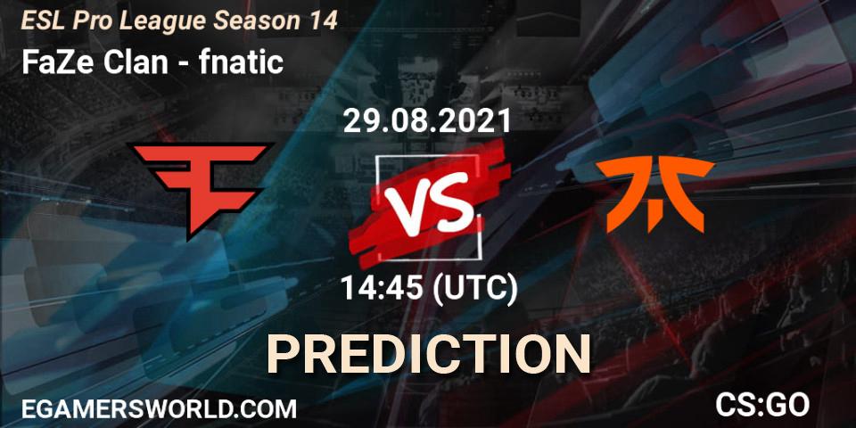 FaZe Clan проти fnatic: Поради щодо ставок, прогнози на матчі. 29.08.2021 at 14:45. Counter-Strike (CS2), ESL Pro League Season 14