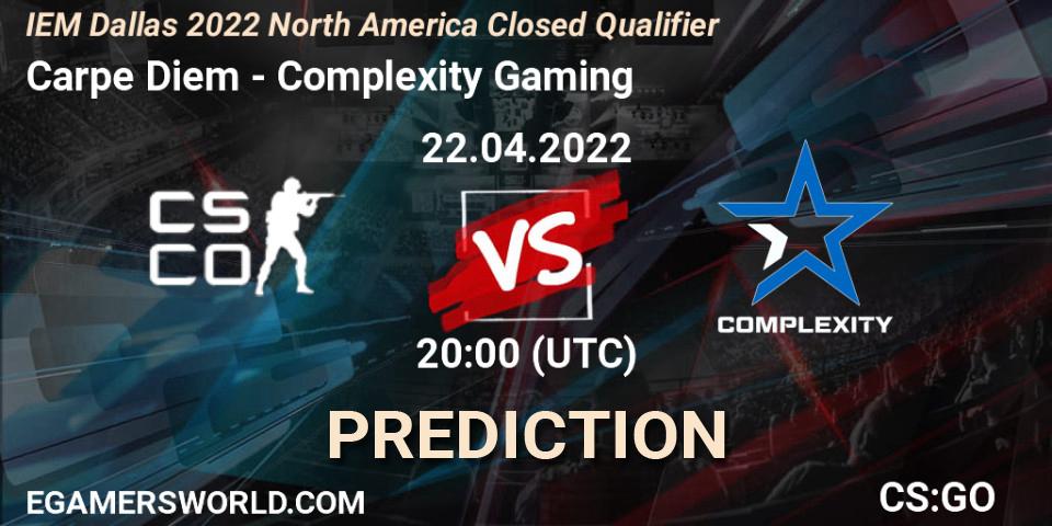 Carpe Diem проти Complexity Gaming: Поради щодо ставок, прогнози на матчі. 22.04.2022 at 20:00. Counter-Strike (CS2), IEM Dallas 2022 North America Closed Qualifier