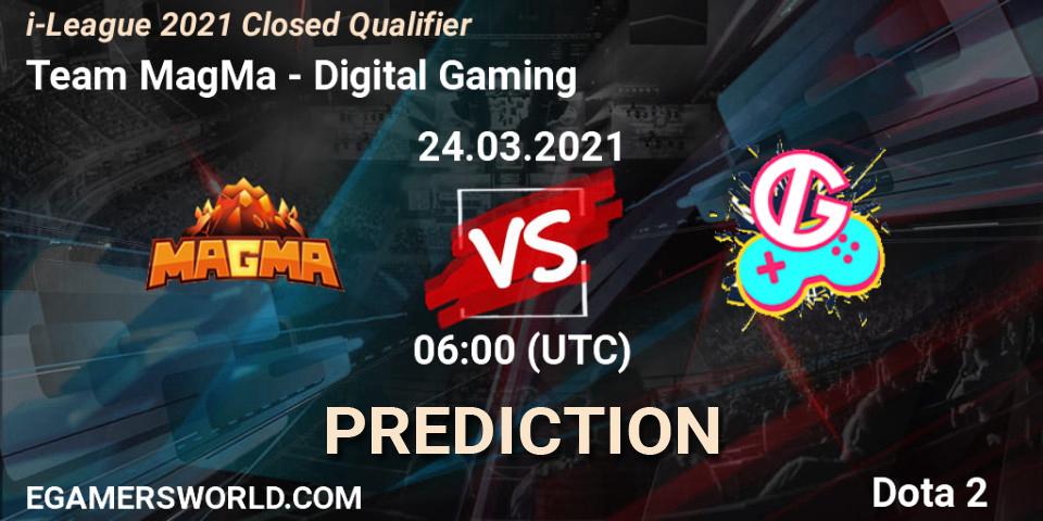 Team MagMa проти Digital Gaming: Поради щодо ставок, прогнози на матчі. 24.03.2021 at 06:03. Dota 2, i-League 2021 Closed Qualifier