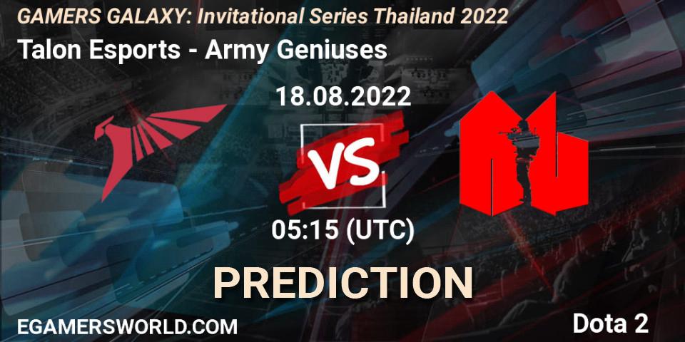 Talon Esports проти Army Geniuses: Поради щодо ставок, прогнози на матчі. 18.08.2022 at 05:15. Dota 2, GAMERS GALAXY: Invitational Series Thailand 2022