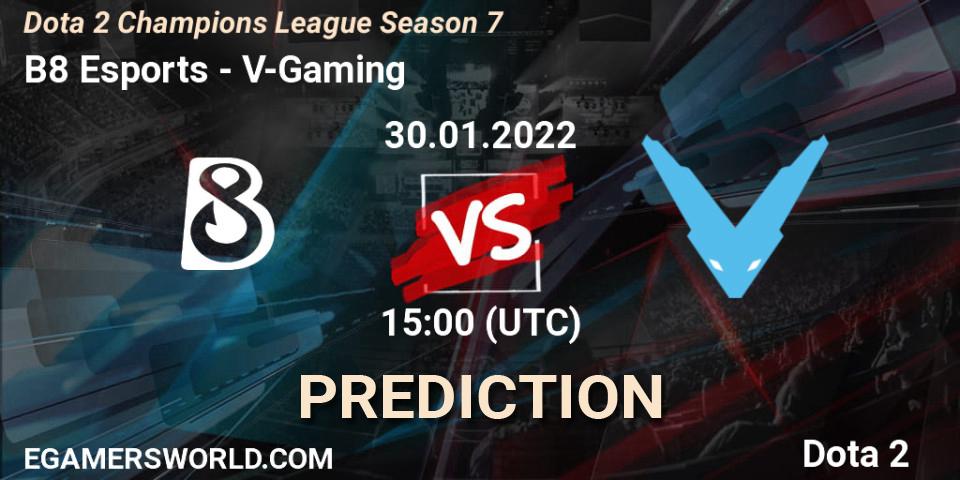 B8 Esports проти V-Gaming: Поради щодо ставок, прогнози на матчі. 30.01.2022 at 15:02. Dota 2, Dota 2 Champions League 2022 Season 7