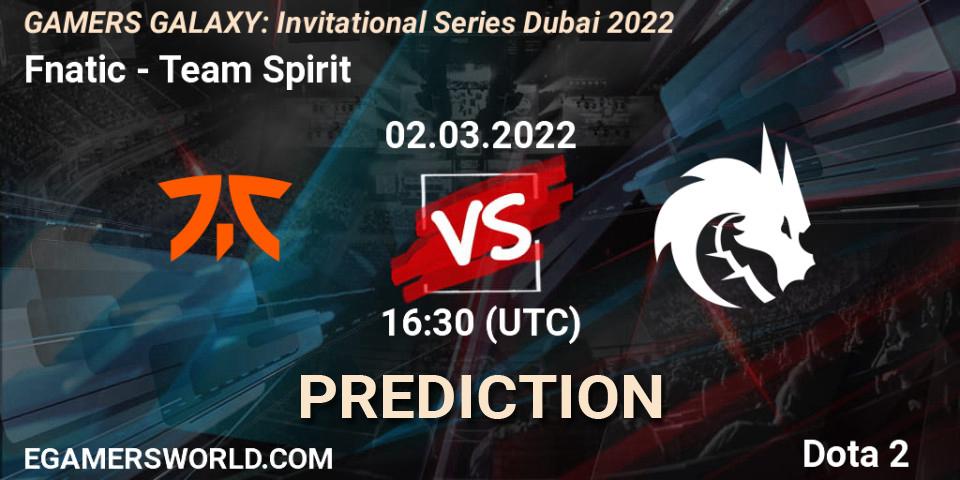 Fnatic проти Team Spirit: Поради щодо ставок, прогнози на матчі. 02.03.2022 at 14:49. Dota 2, GAMERS GALAXY: Invitational Series Dubai 2022