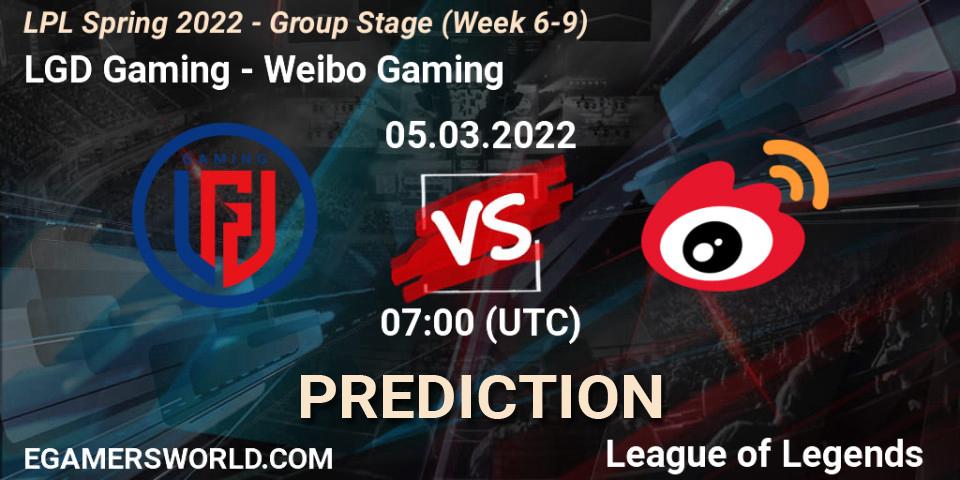 LGD Gaming проти Weibo Gaming: Поради щодо ставок, прогнози на матчі. 05.03.2022 at 07:00. LoL, LPL Spring 2022 - Group Stage (Week 6-9)