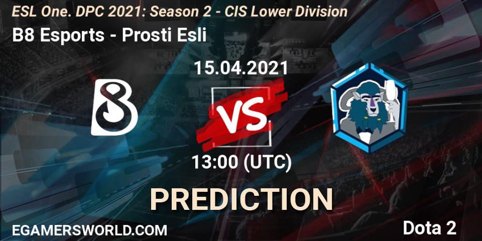 B8 Esports проти Prosti Esli: Поради щодо ставок, прогнози на матчі. 15.04.2021 at 12:55. Dota 2, ESL One. DPC 2021: Season 2 - CIS Lower Division