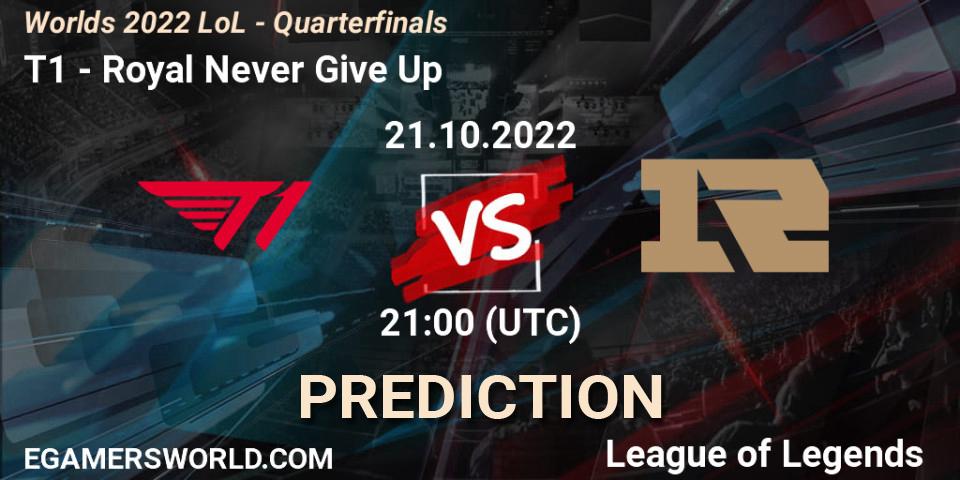 T1 проти Royal Never Give Up: Поради щодо ставок, прогнози на матчі. 21.10.2022 at 21:00. LoL, Worlds 2022 LoL - Quarterfinals