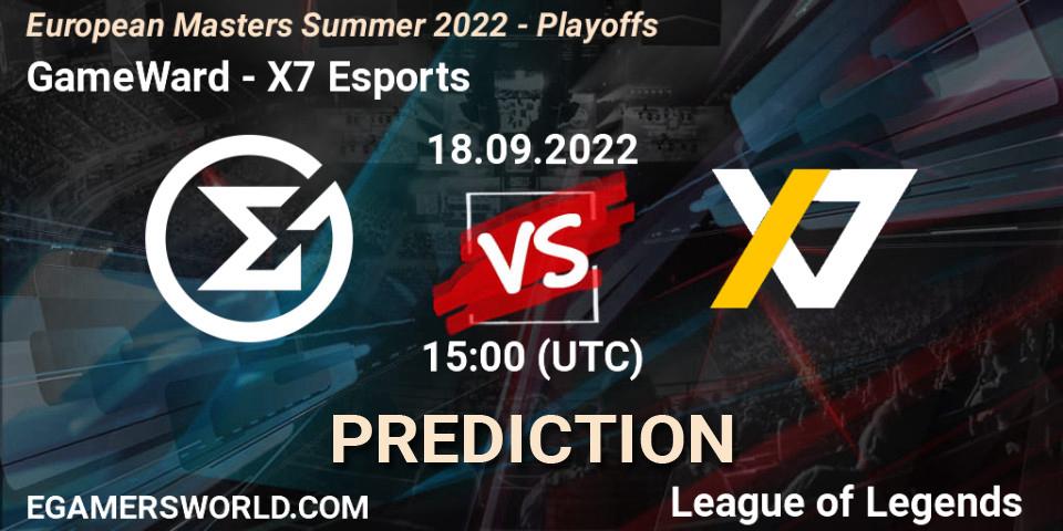 GameWard проти X7 Esports: Поради щодо ставок, прогнози на матчі. 15.09.2022 at 15:00. LoL, European Masters Summer 2022 - Playoffs